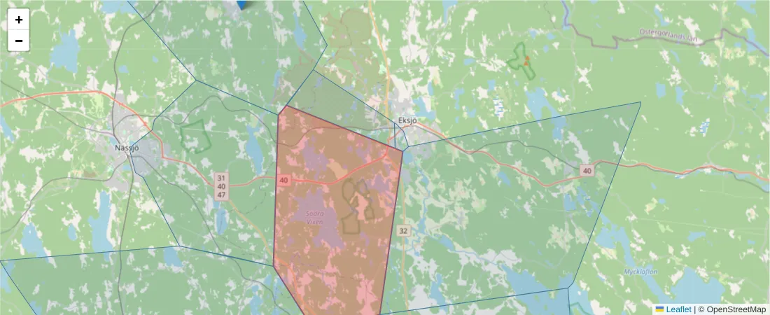 Karta över postnummerområdet  och angränsande postnummer i Sverige