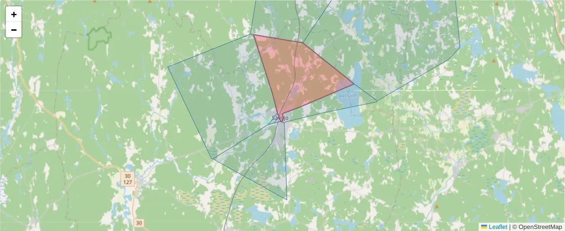 Karta över postnummerområdet  och angränsande postnummer i Sverige