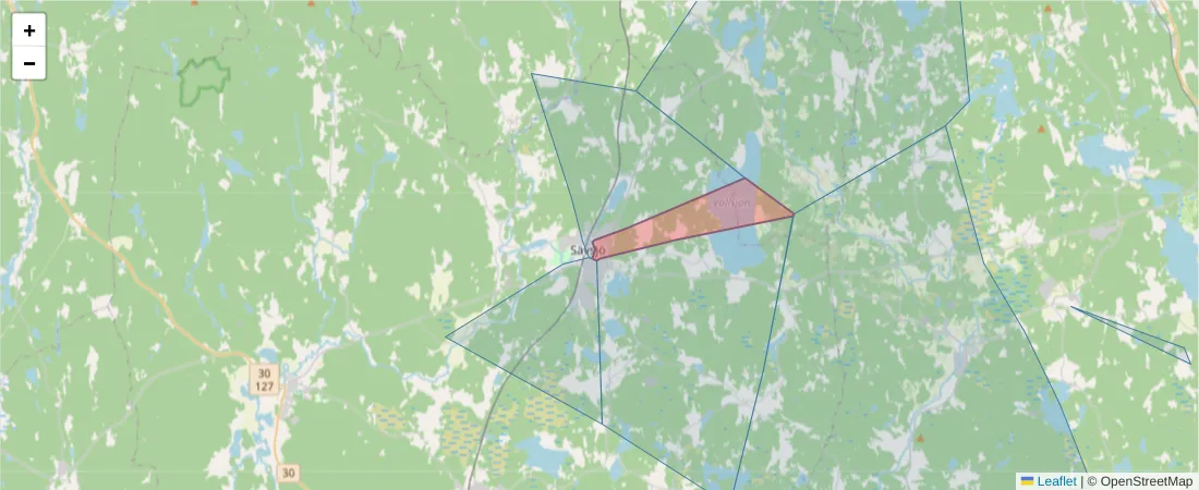 Karta över postnummerområdet  och angränsande postnummer i Sverige