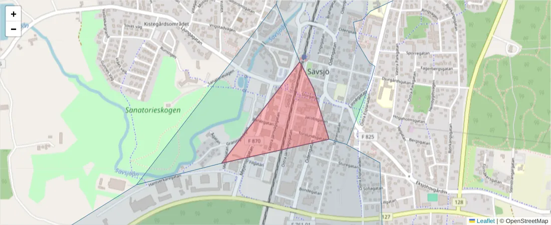 Karta över postnummerområdet  och angränsande postnummer i Sverige