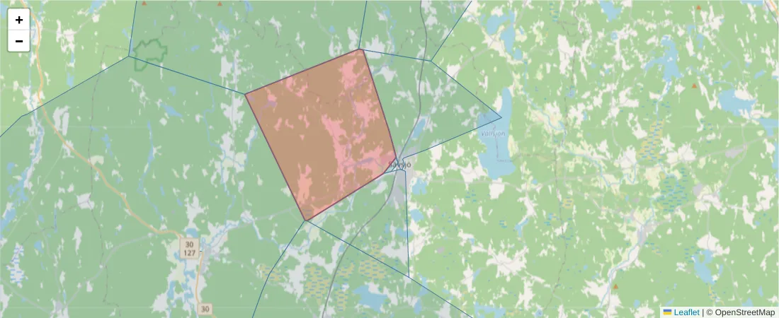 Karta över postnummerområdet  och angränsande postnummer i Sverige