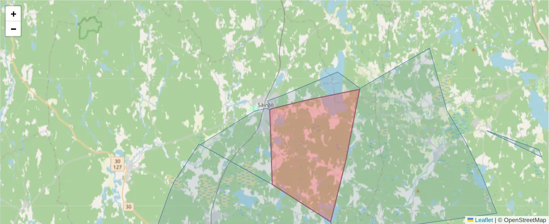 Karta över postnummerområdet  och angränsande postnummer i Sverige