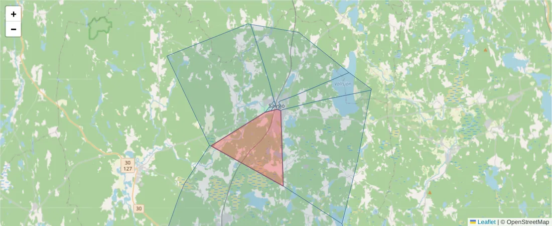 Karta över postnummerområdet  och angränsande postnummer i Sverige