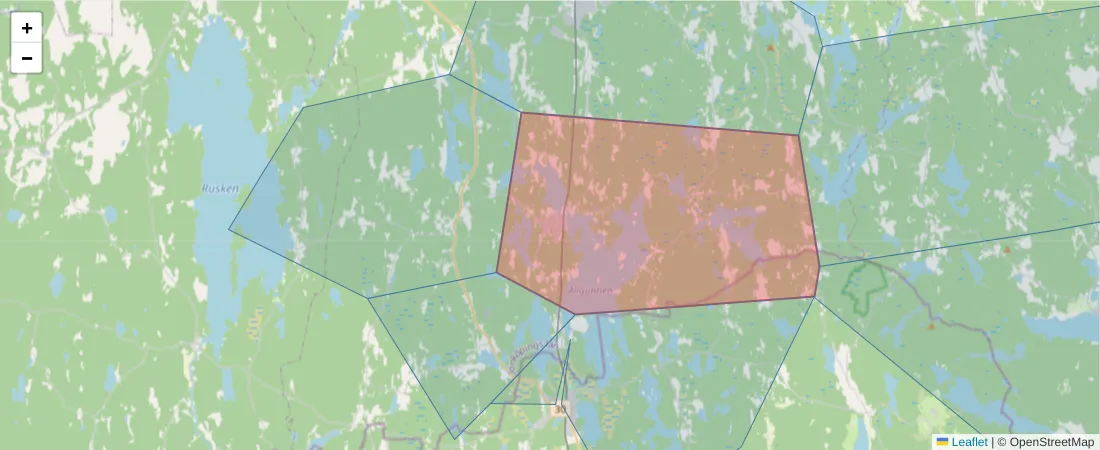 Karta över postnummerområdet  och angränsande postnummer i Sverige