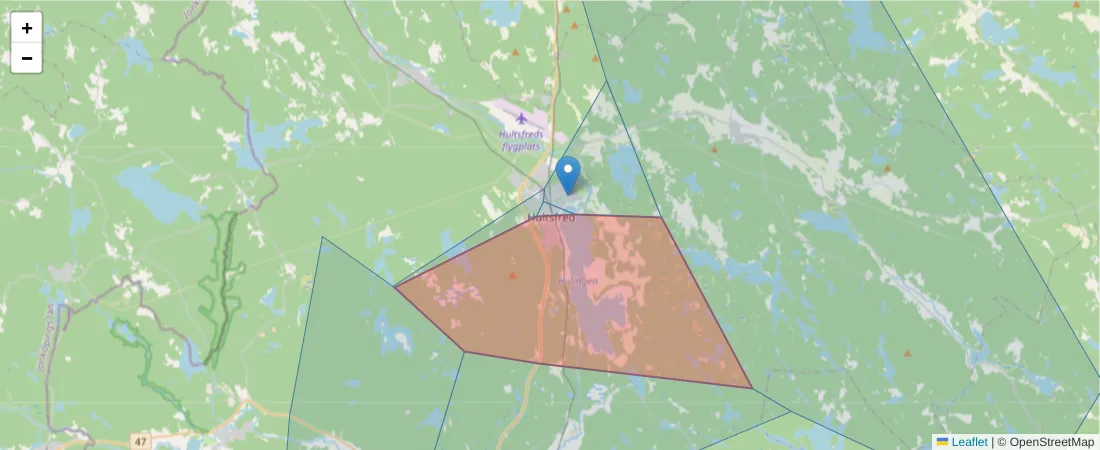 Karta över postnummerområdet  och angränsande postnummer i Sverige