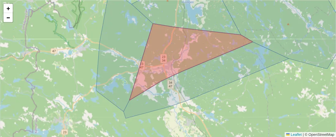 Karta över postnummerområdet  och angränsande postnummer i Sverige
