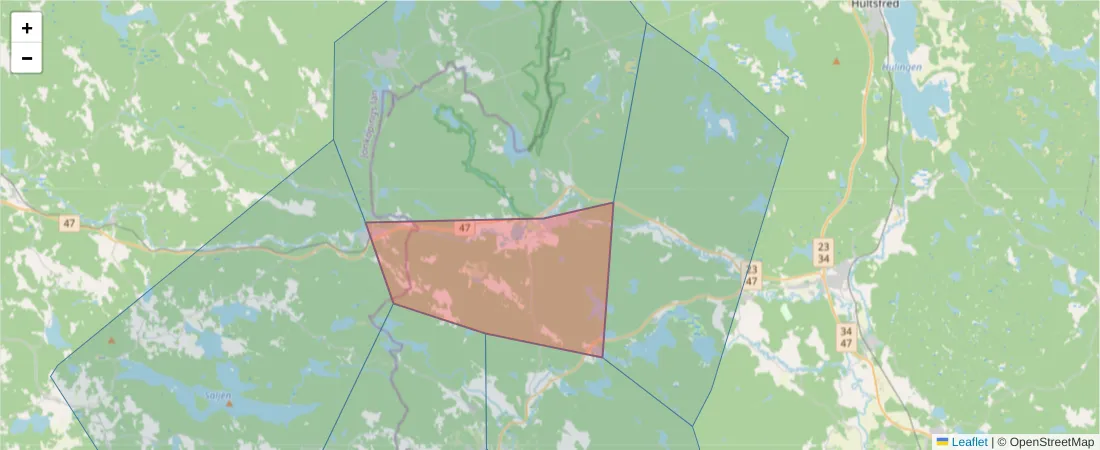 Karta över postnummerområdet  och angränsande postnummer i Sverige