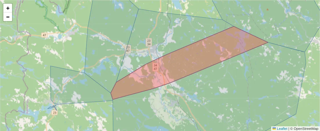 Karta över postnummerområdet  och angränsande postnummer i Sverige
