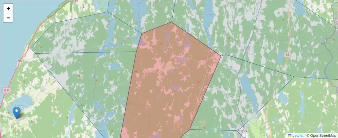 Karta över postnummerområdet  och angränsande postnummer i Sverige