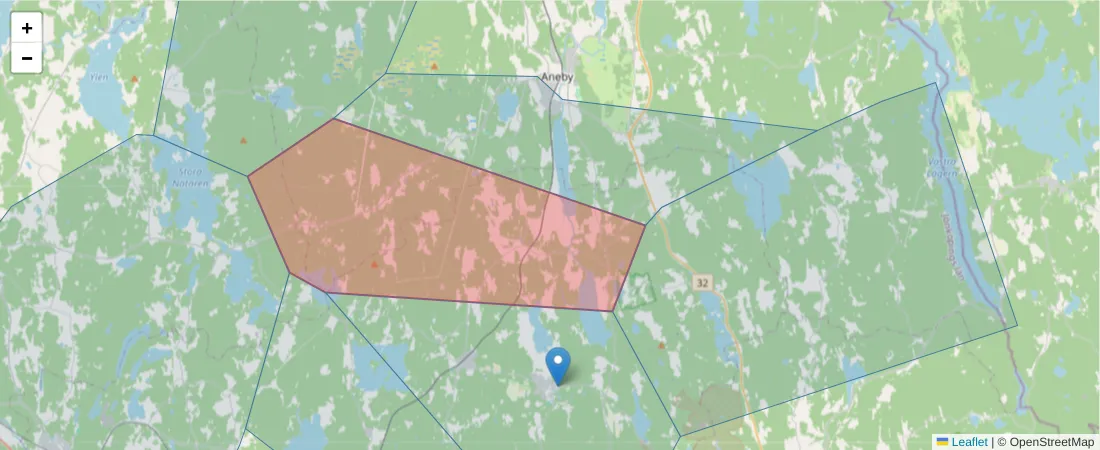 Karta över postnummerområdet  och angränsande postnummer i Sverige