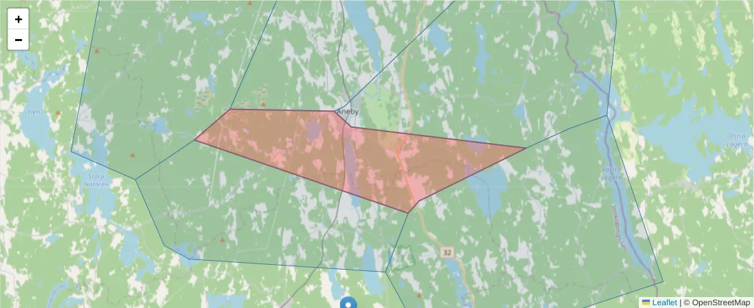 Karta över postnummerområdet  och angränsande postnummer i Sverige