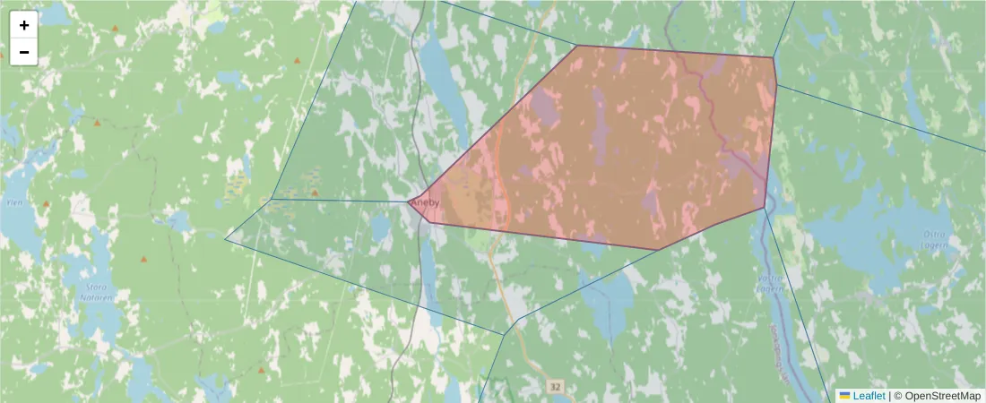 Karta över postnummerområdet  och angränsande postnummer i Sverige