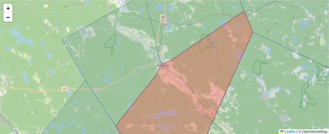 Karta över postnummerområdet  och angränsande postnummer i Sverige
