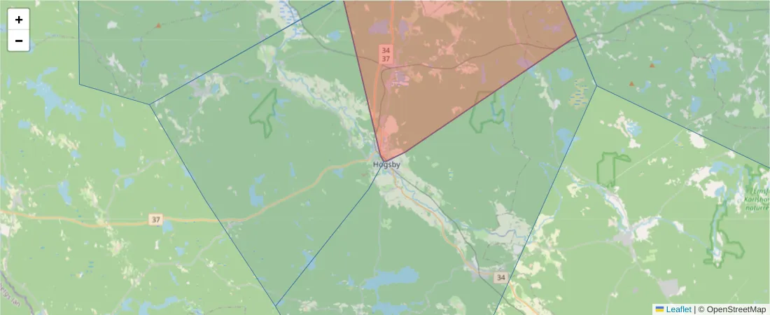 Karta över postnummerområdet  och angränsande postnummer i Sverige