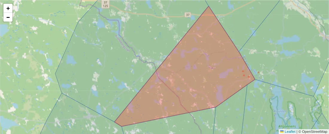 Karta över postnummerområdet  och angränsande postnummer i Sverige
