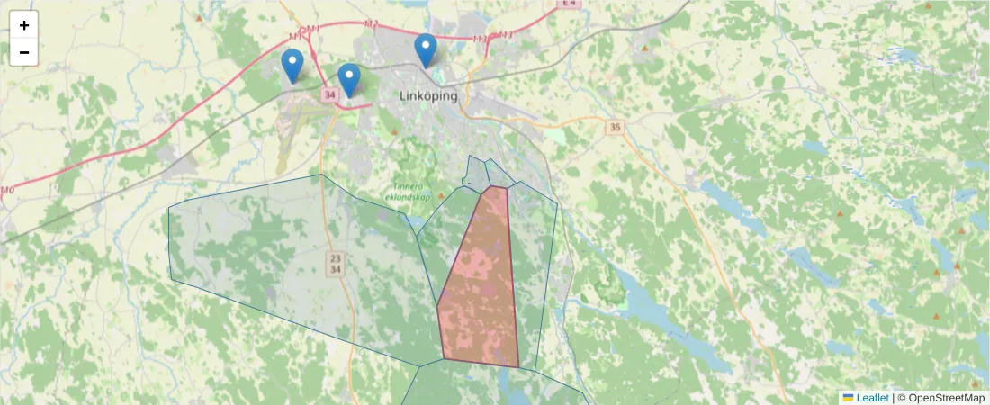 Karta över postnummerområdet  och angränsande postnummer i Sverige