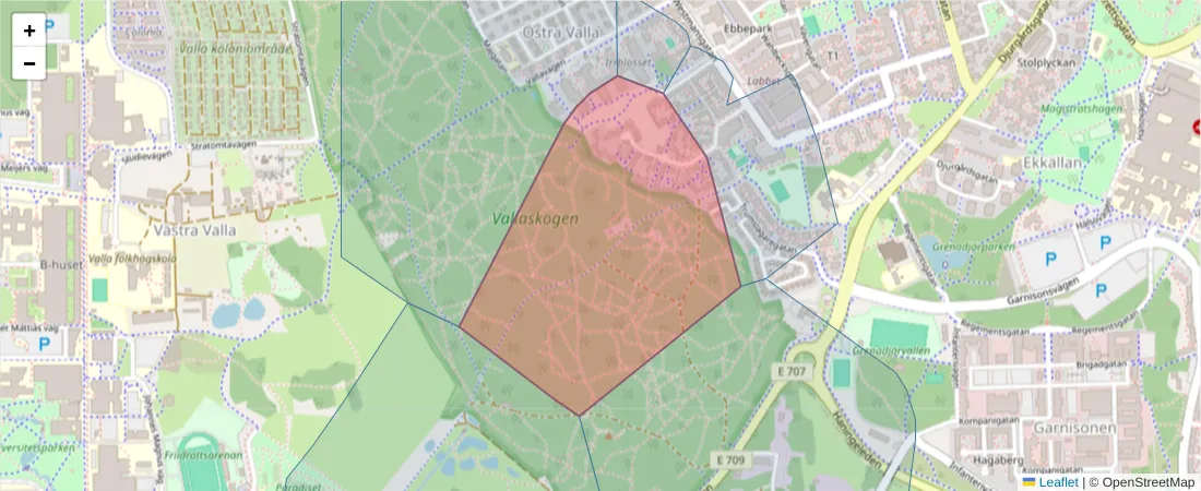 Karta över postnummerområdet  och angränsande postnummer i Sverige