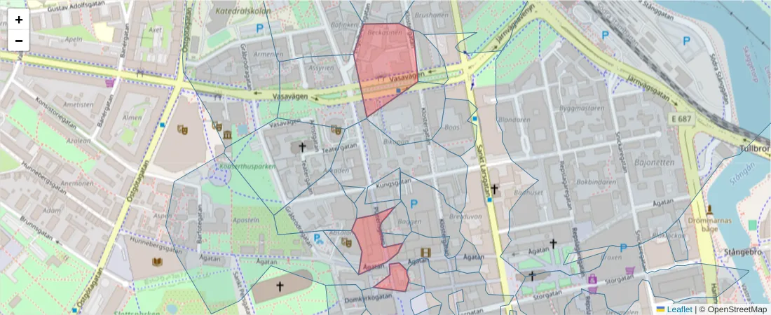 Karta över postnummerområdet  och angränsande postnummer i Sverige