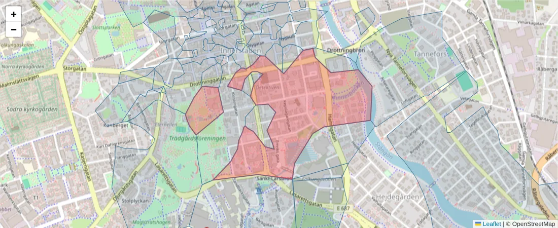Karta över postnummerområdet  och angränsande postnummer i Sverige