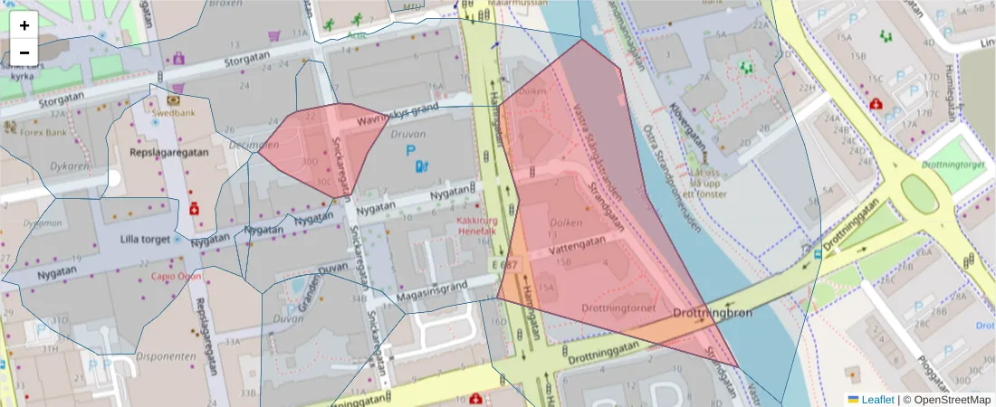 Karta över postnummerområdet  och angränsande postnummer i Sverige