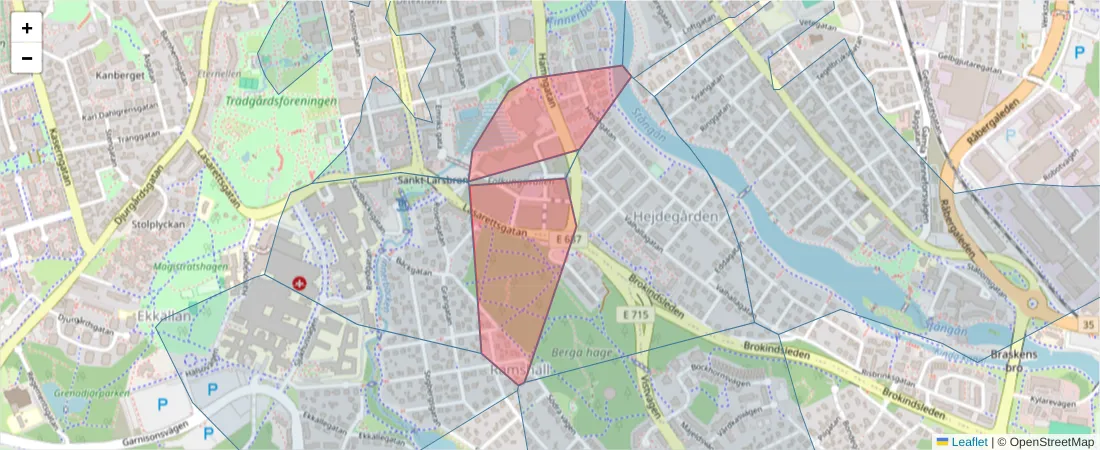Karta över postnummerområdet  och angränsande postnummer i Sverige