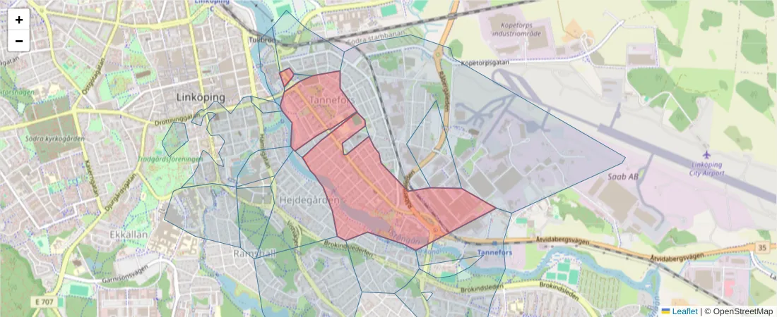 Karta över postnummerområdet  och angränsande postnummer i Sverige