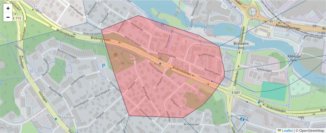 Karta över postnummerområdet  och angränsande postnummer i Sverige