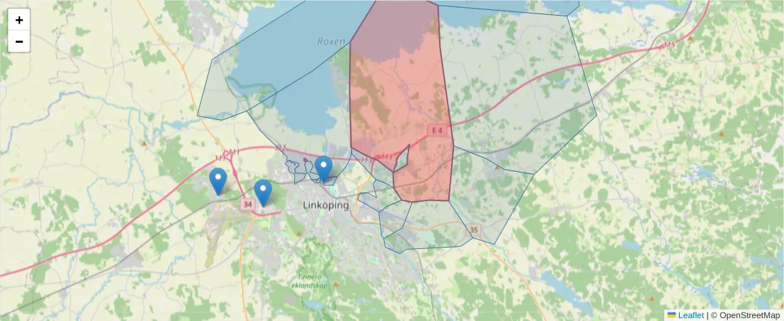 Karta över postnummerområdet  och angränsande postnummer i Sverige