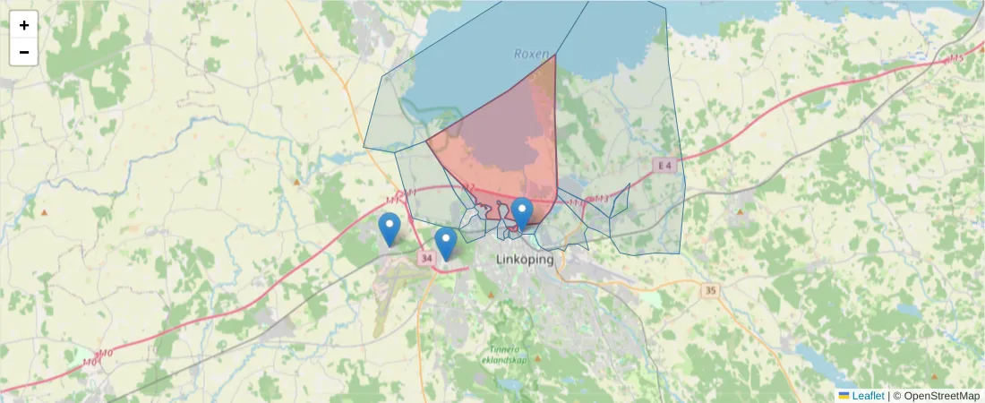 Karta över postnummerområdet  och angränsande postnummer i Sverige