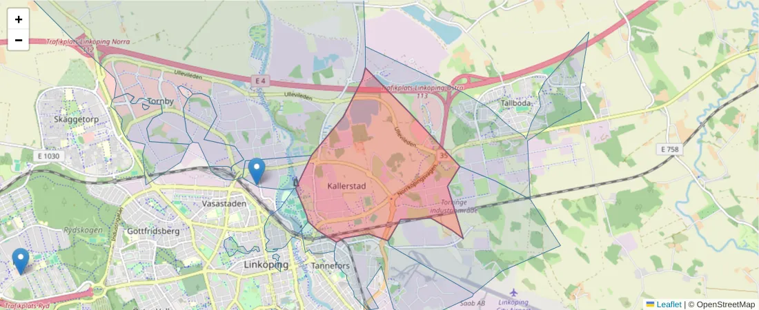 Karta över postnummerområdet  och angränsande postnummer i Sverige