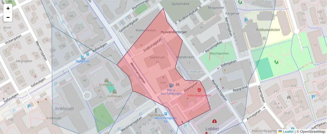 Karta över postnummerområdet  och angränsande postnummer i Sverige