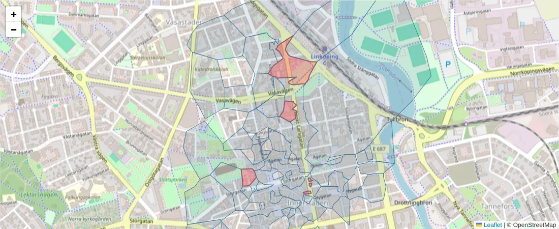 Karta över postnummerområdet  och angränsande postnummer i Sverige