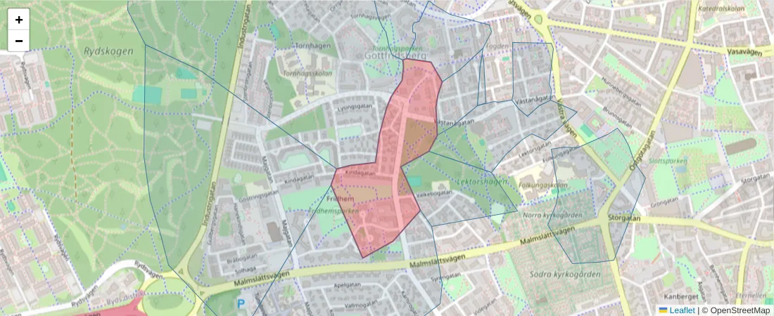 Karta över postnummerområdet  och angränsande postnummer i Sverige