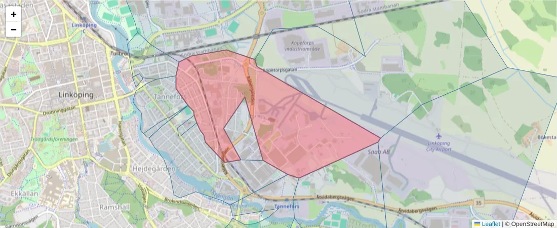 Karta över postnummerområdet  och angränsande postnummer i Sverige