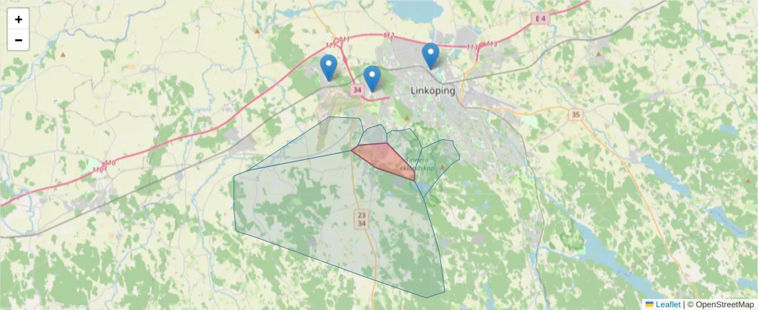 Karta över postnummerområdet  och angränsande postnummer i Sverige