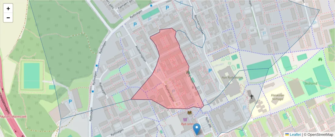 Karta över postnummerområdet  och angränsande postnummer i Sverige