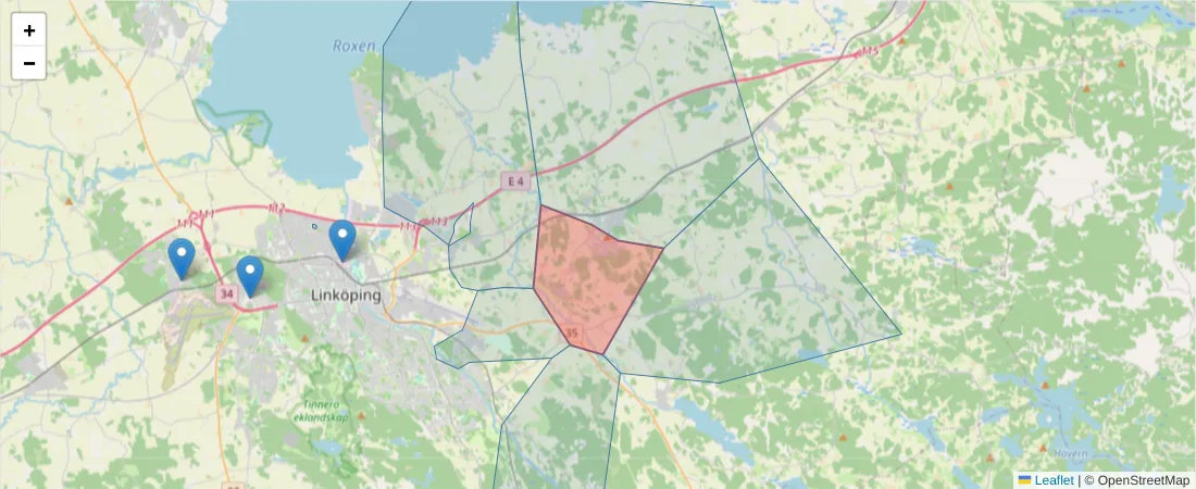 Karta över postnummerområdet  och angränsande postnummer i Sverige