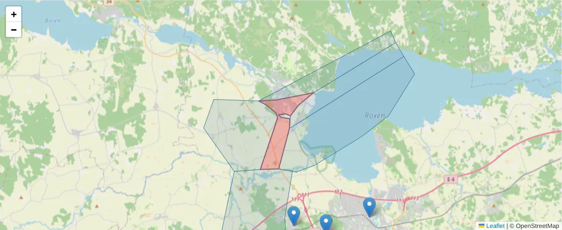 Karta över postnummerområdet  och angränsande postnummer i Sverige
