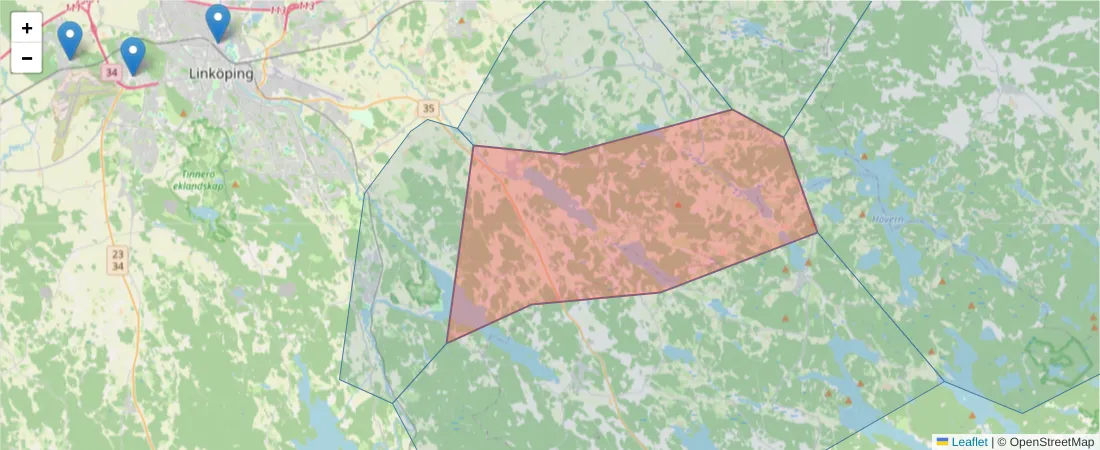 Karta över postnummerområdet  och angränsande postnummer i Sverige