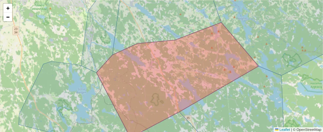 Karta över postnummerområdet  och angränsande postnummer i Sverige