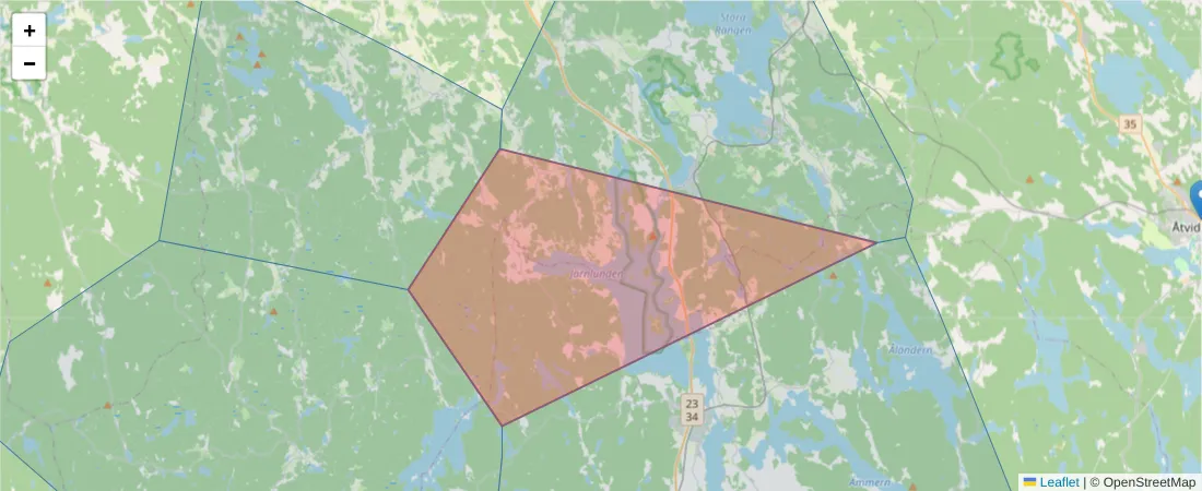 Karta över postnummerområdet  och angränsande postnummer i Sverige