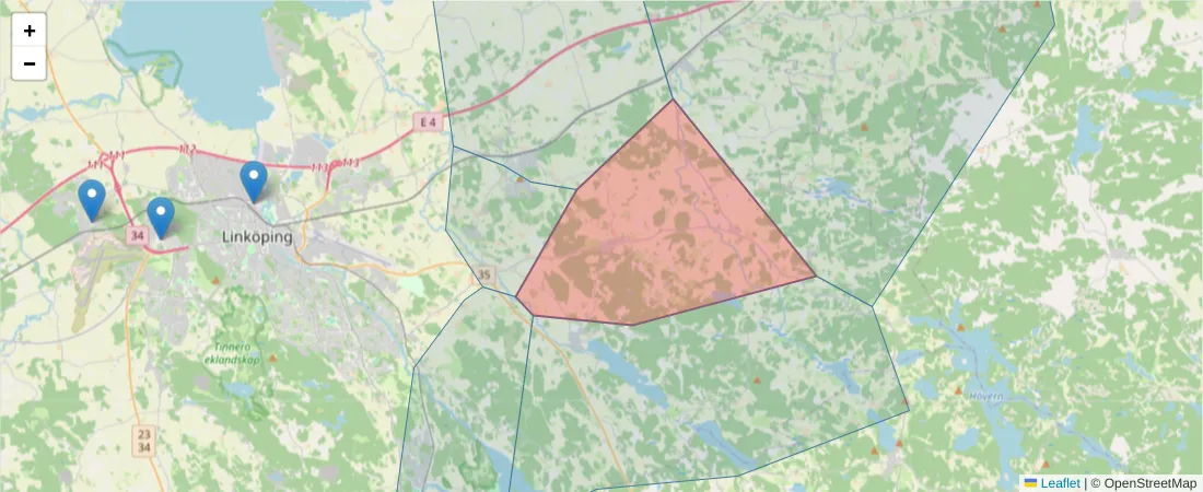 Karta över postnummerområdet  och angränsande postnummer i Sverige