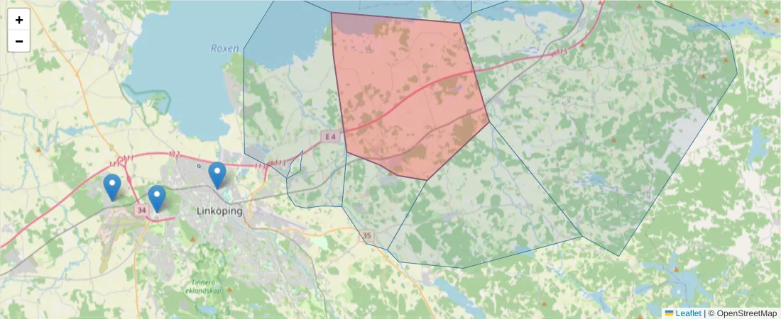 Karta över postnummerområdet  och angränsande postnummer i Sverige