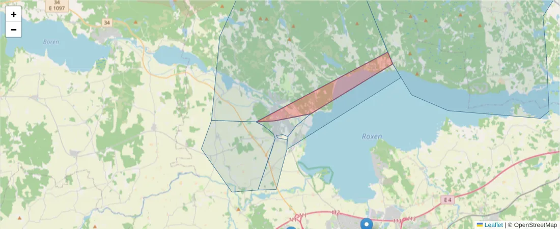 Karta över postnummerområdet  och angränsande postnummer i Sverige