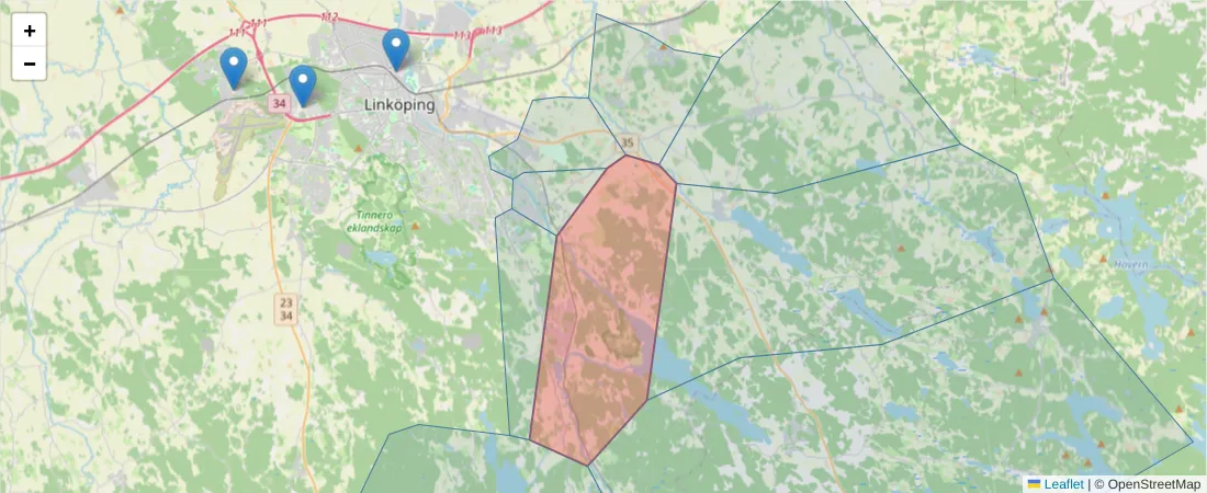 Karta över postnummerområdet  och angränsande postnummer i Sverige