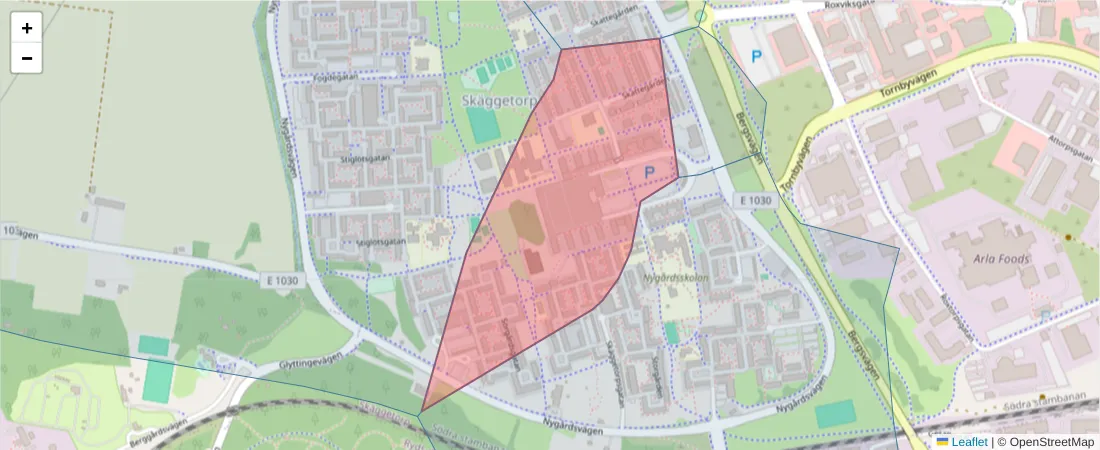 Karta över postnummerområdet  och angränsande postnummer i Sverige