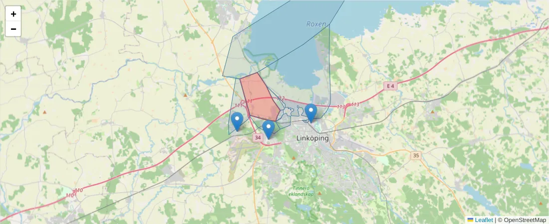 Karta över postnummerområdet  och angränsande postnummer i Sverige