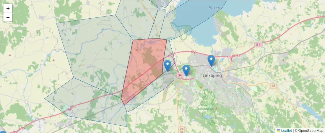 Karta över postnummerområdet  och angränsande postnummer i Sverige