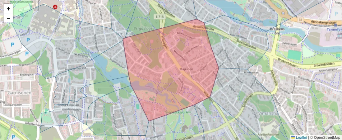 Karta över postnummerområdet  och angränsande postnummer i Sverige