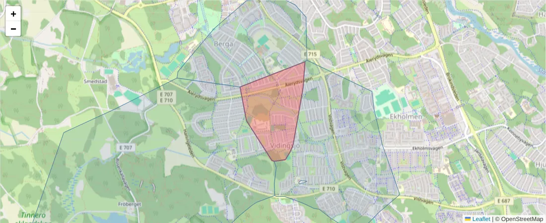 Karta över postnummerområdet  och angränsande postnummer i Sverige